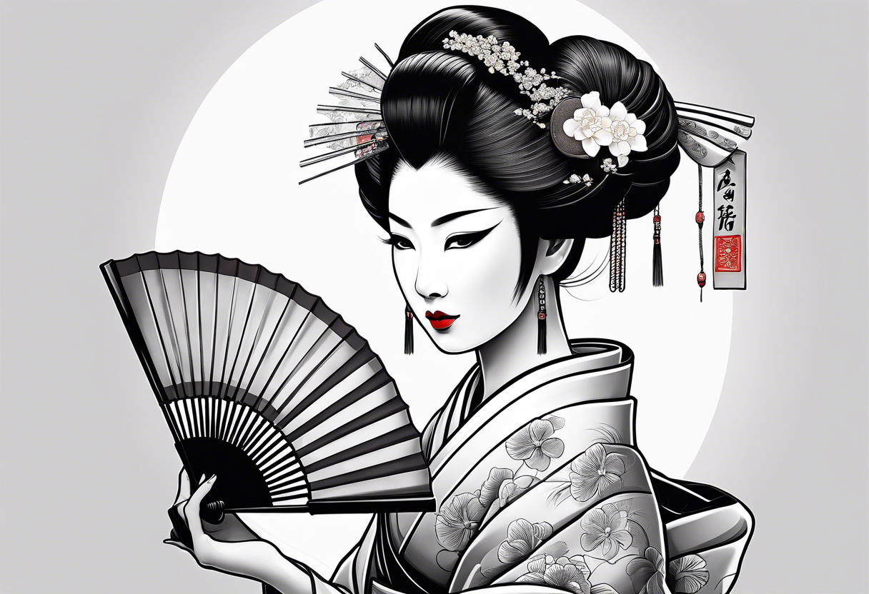 Geisha with a dress and a fan, traditional japanese style, white background tattoo idea