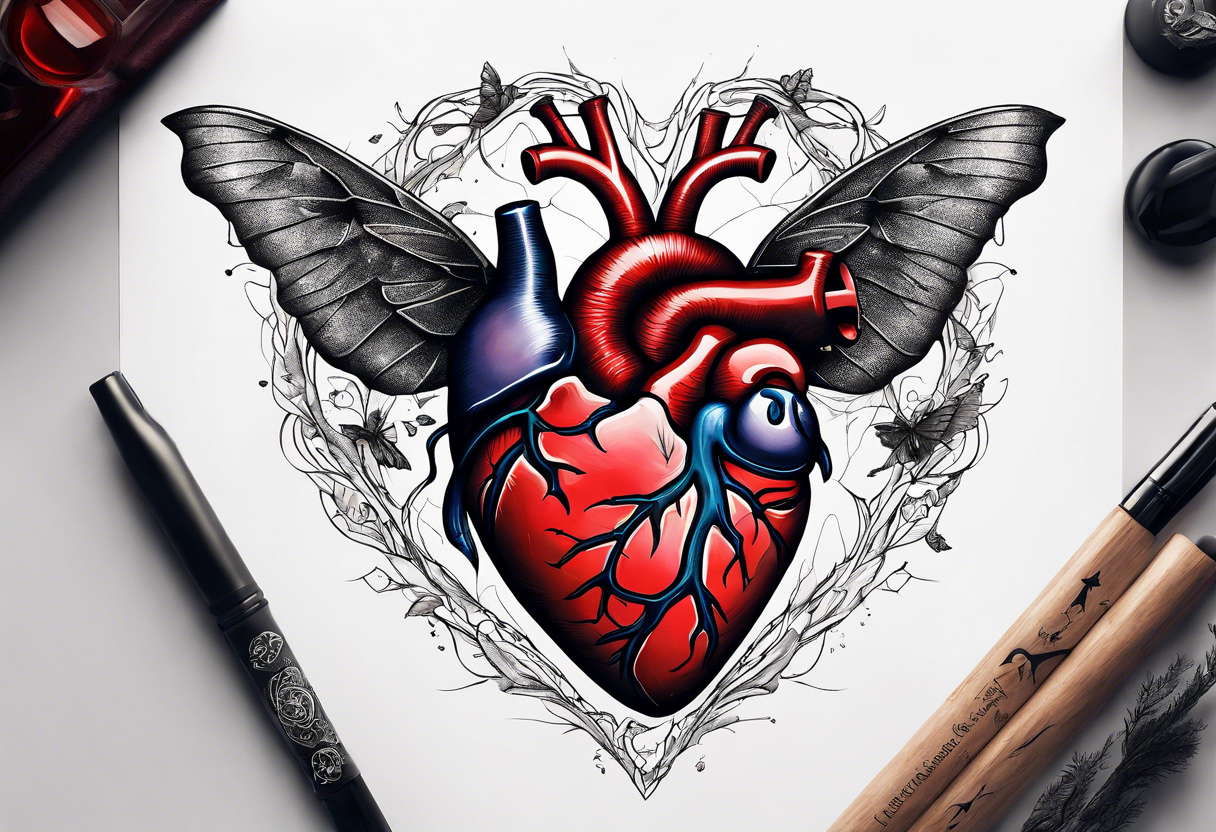 anatomical heart tattoo drawing, made of wood | Midjourney