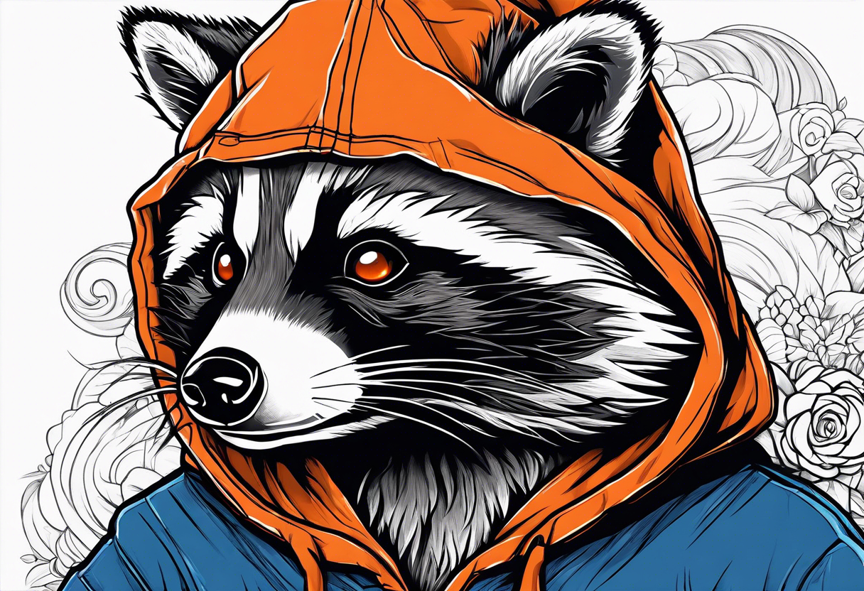 Raccoon wearing an orange Superman hoodie tattoo idea