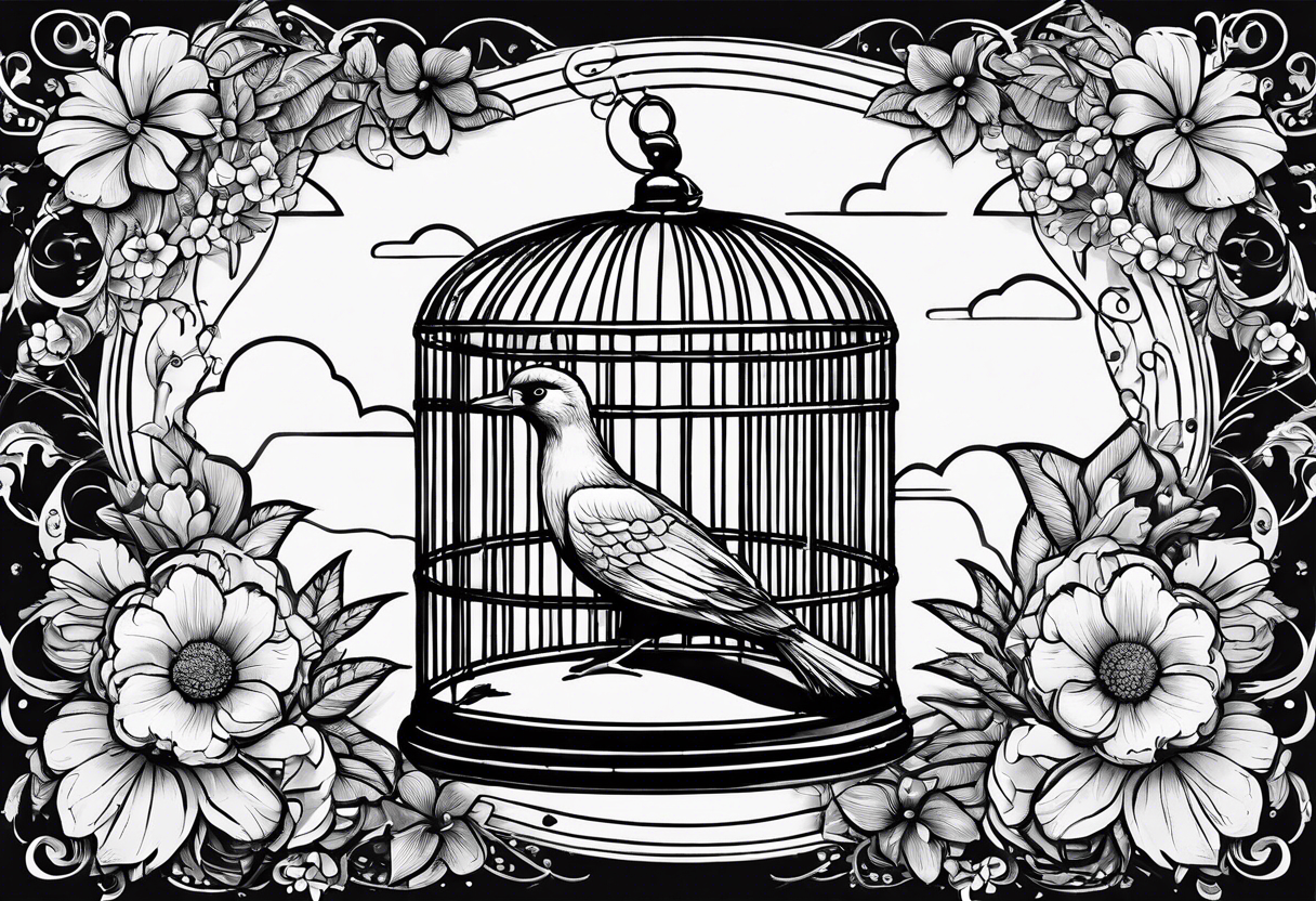 big bird in a small cage as in the song ''big bird in a small cage'' from patrick watson. Add decoration outside the cage like flowers or foliage tattoo idea