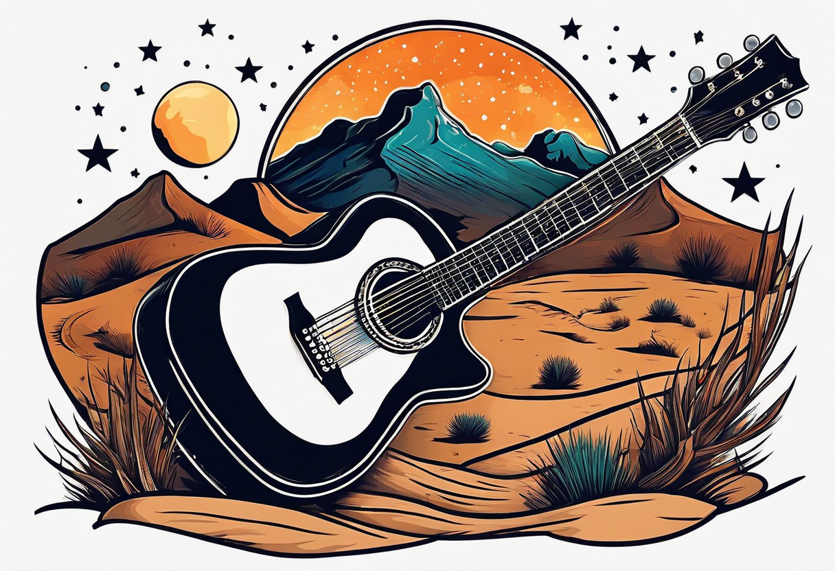 Acoustic Guitar by a campfire with a desert landscape and dirt bike silhouette and a half moon and stars tattoo idea