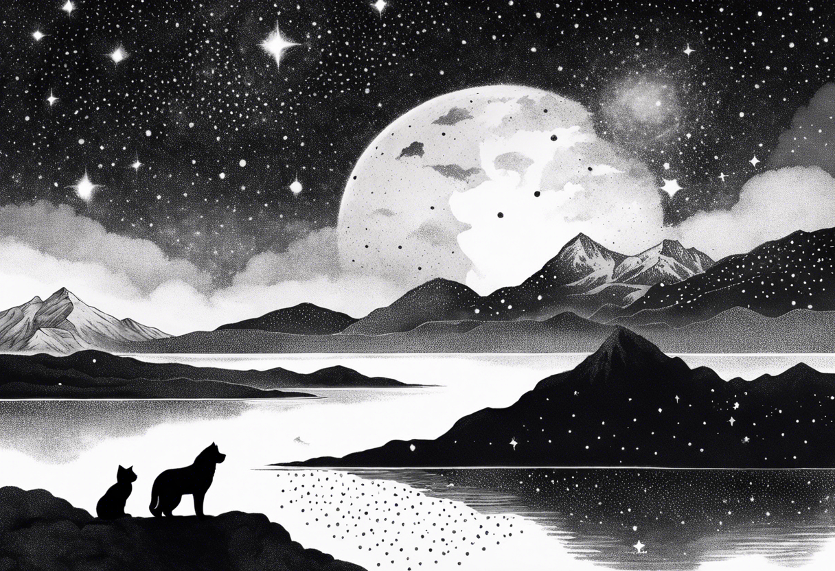 a night sky with leo and cancer constellation, mountains, a father and son with his dog and cat sitting by the water tattoo idea