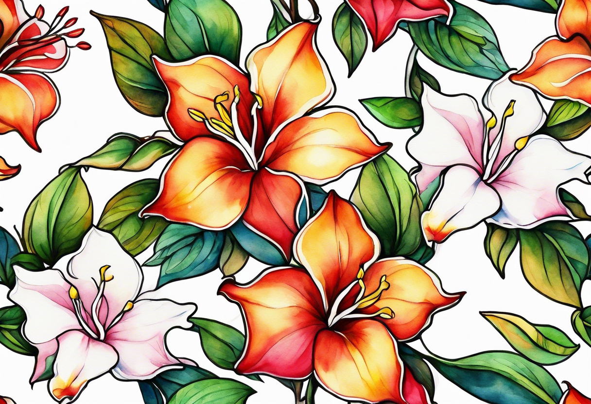 abstract mandevilla flowers on a vine, part of it watercolor, part of it just line work tattoo idea