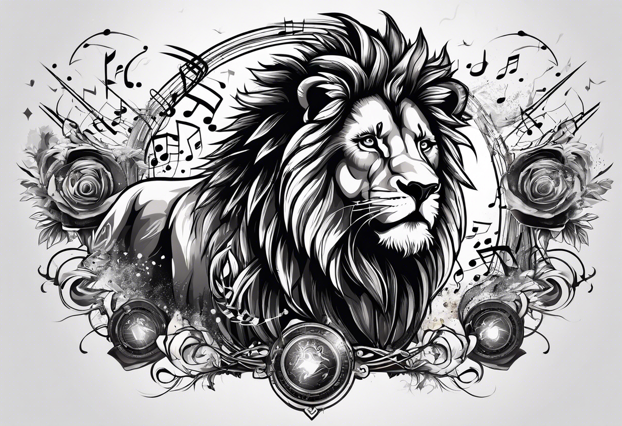 lion throwing music notes and thunder bolts tattoo idea