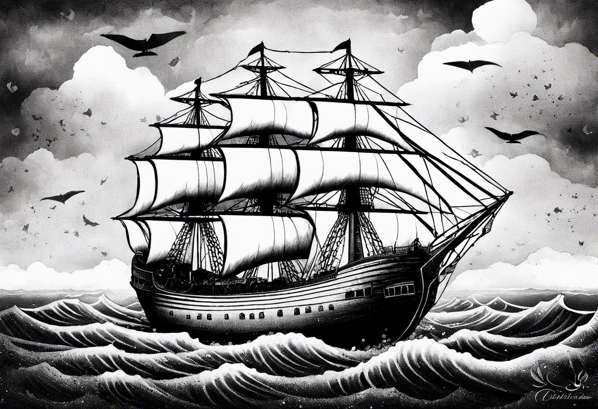 Air ship with tattered sails flying through a stormy sky tattoo idea