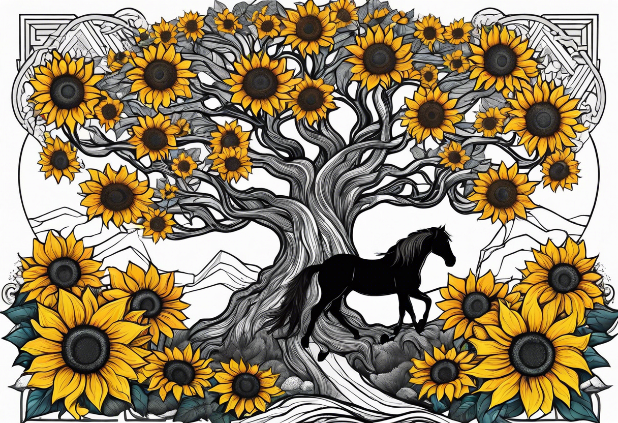 Yggdrasil tree, horse in front of it, and sunflowers tattoo idea