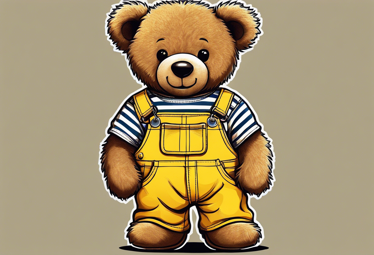 image of the back of a light brown teddy bear standing in yellow overalls, striped tank top and wearing boots tattoo idea