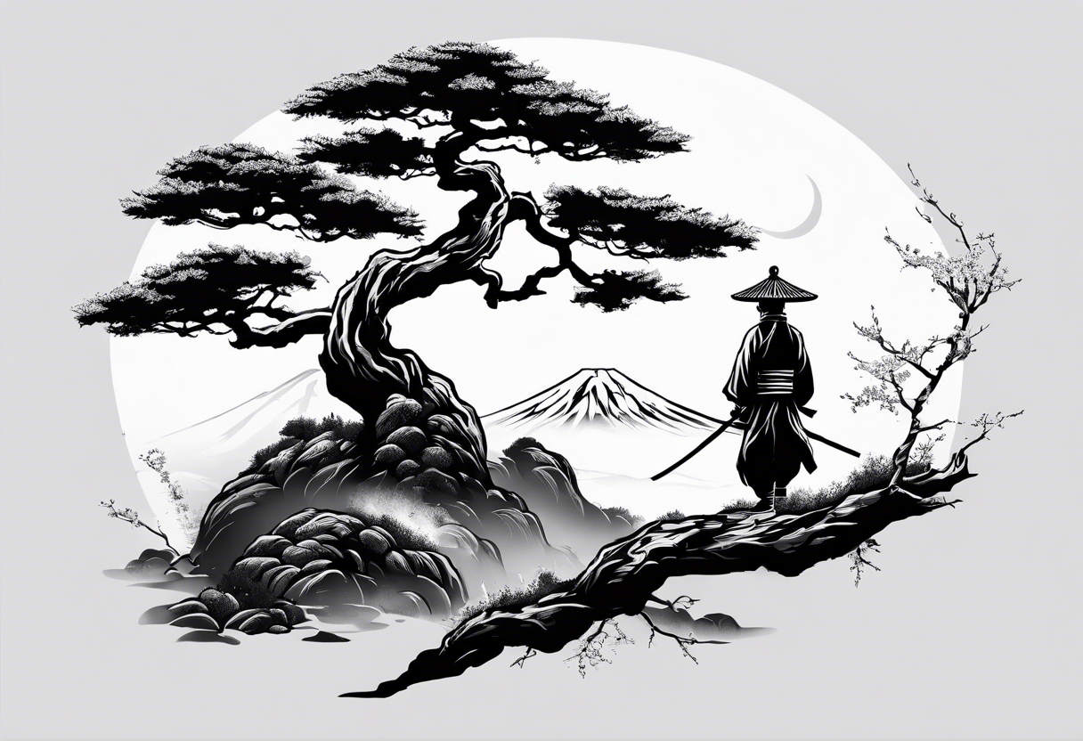 samurai and bonsai tree in japan tattoo idea