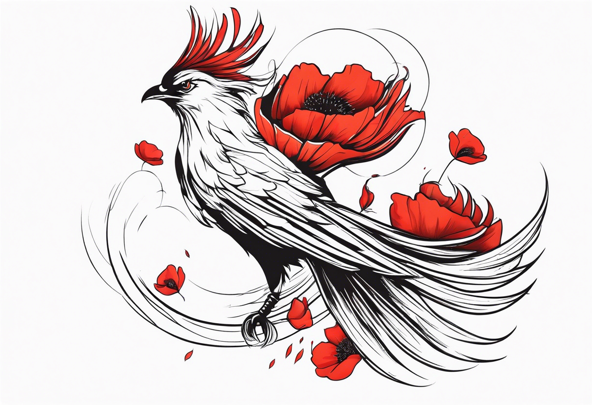 diving pheonix with long feathery tail holding red poppies tattoo idea