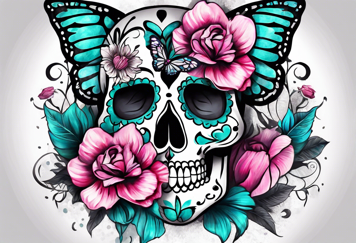 sugar skull butterflies pink and teal flowers tattoo idea