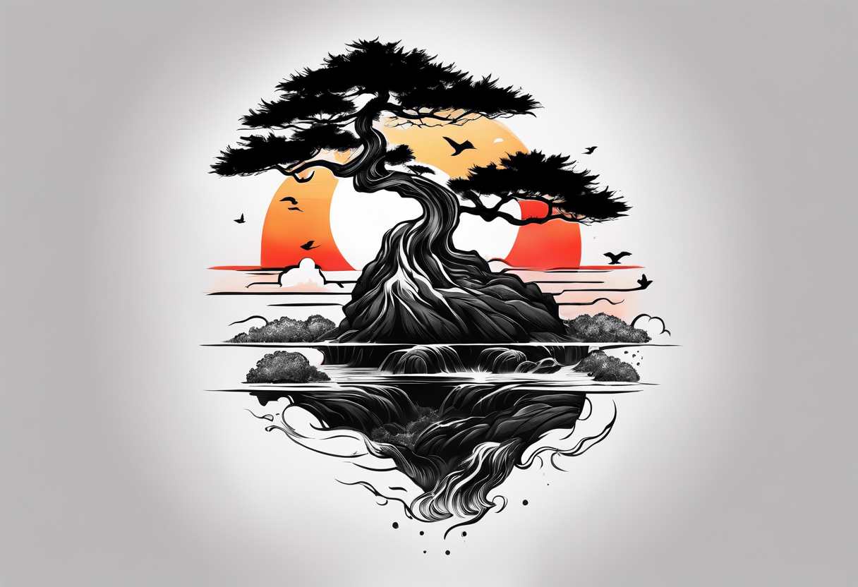 Sunset and little down bonsai trees tattoo idea