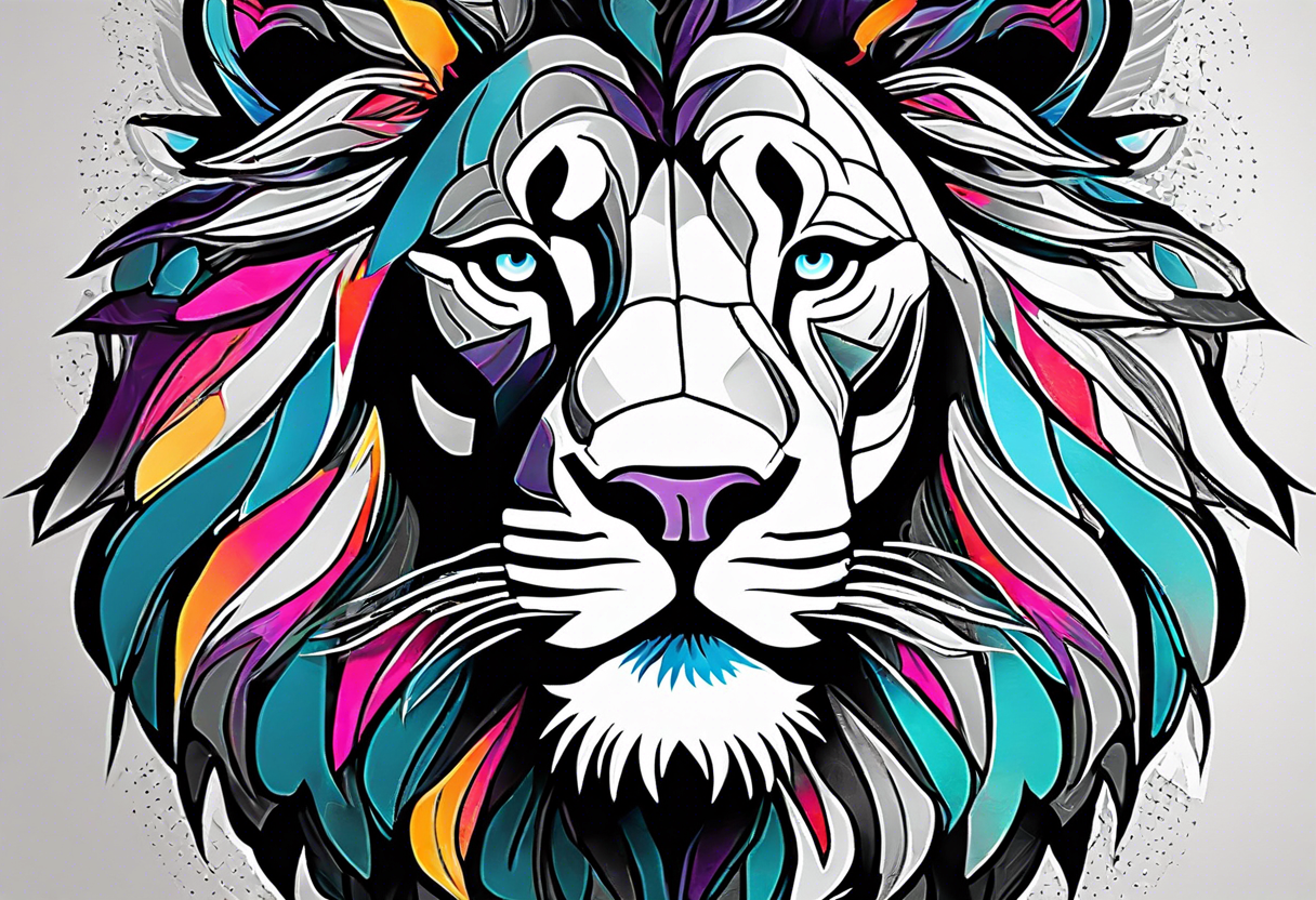 Using abstract art techniques, this design would depict the lion with unconventional shapes and vibrant colors, creating a modern and artistic interpretation. tattoo idea