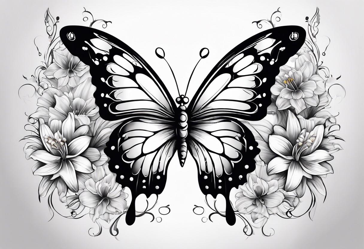 Butterfly with one side of the butterfly wings has angel feathers, the otherside of the butterfly wing shaped out of lily flowers. Add daffodil and daisy’s around the top and bottom tattoo idea