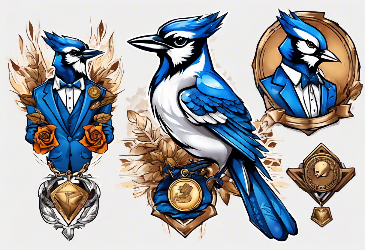 bluejay in a suit with a single medal tattoo idea