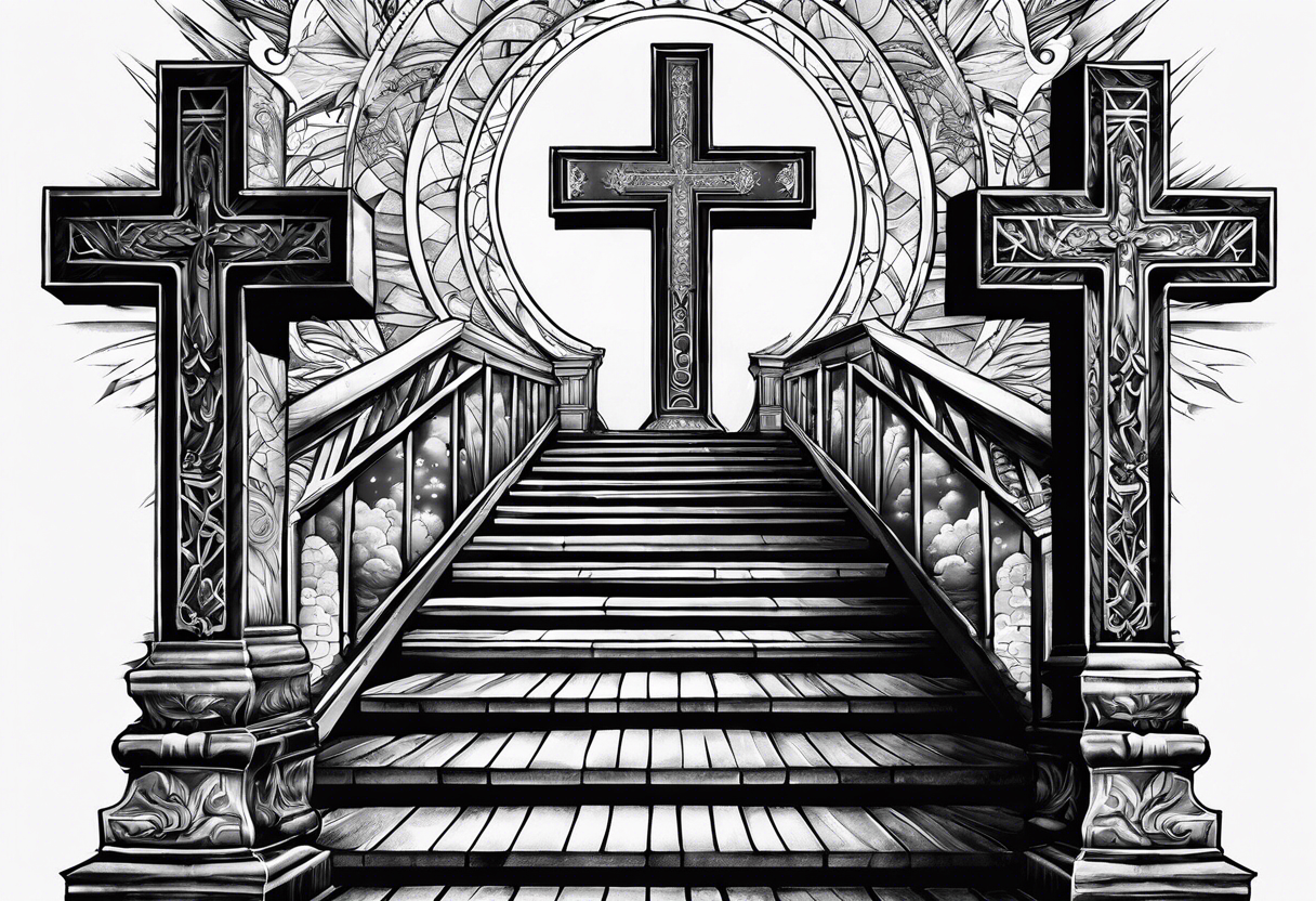 three crosses at the foot of stairs leading to heavens gates tattoo idea