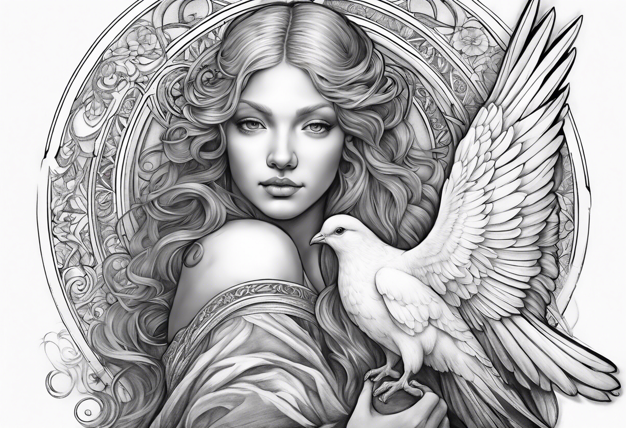 Angel with a Dove and Leonaro Da vinci Sleeve tattoo idea