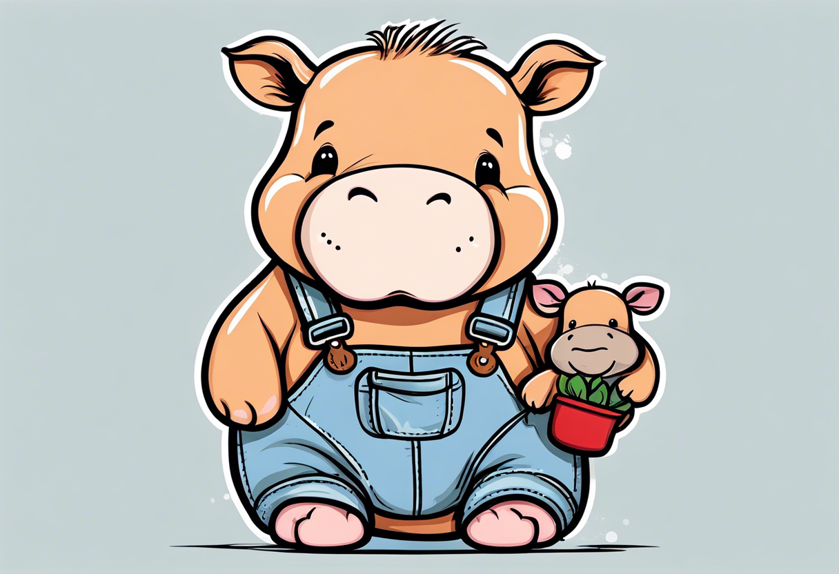 Baby hippo wearing overalls and holding a stuffed moose tattoo idea