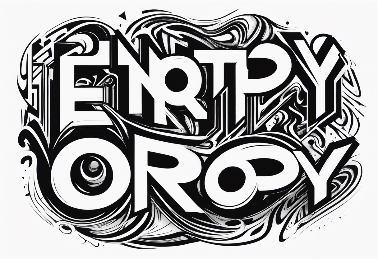 entropy word with a distorted or warped design. All black and without other components. Arial typography tattoo idea