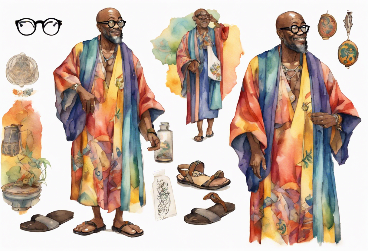 a middle-aged medieval black man wearing round glasses, wearing colorful robe, wearing sandals tattoo idea