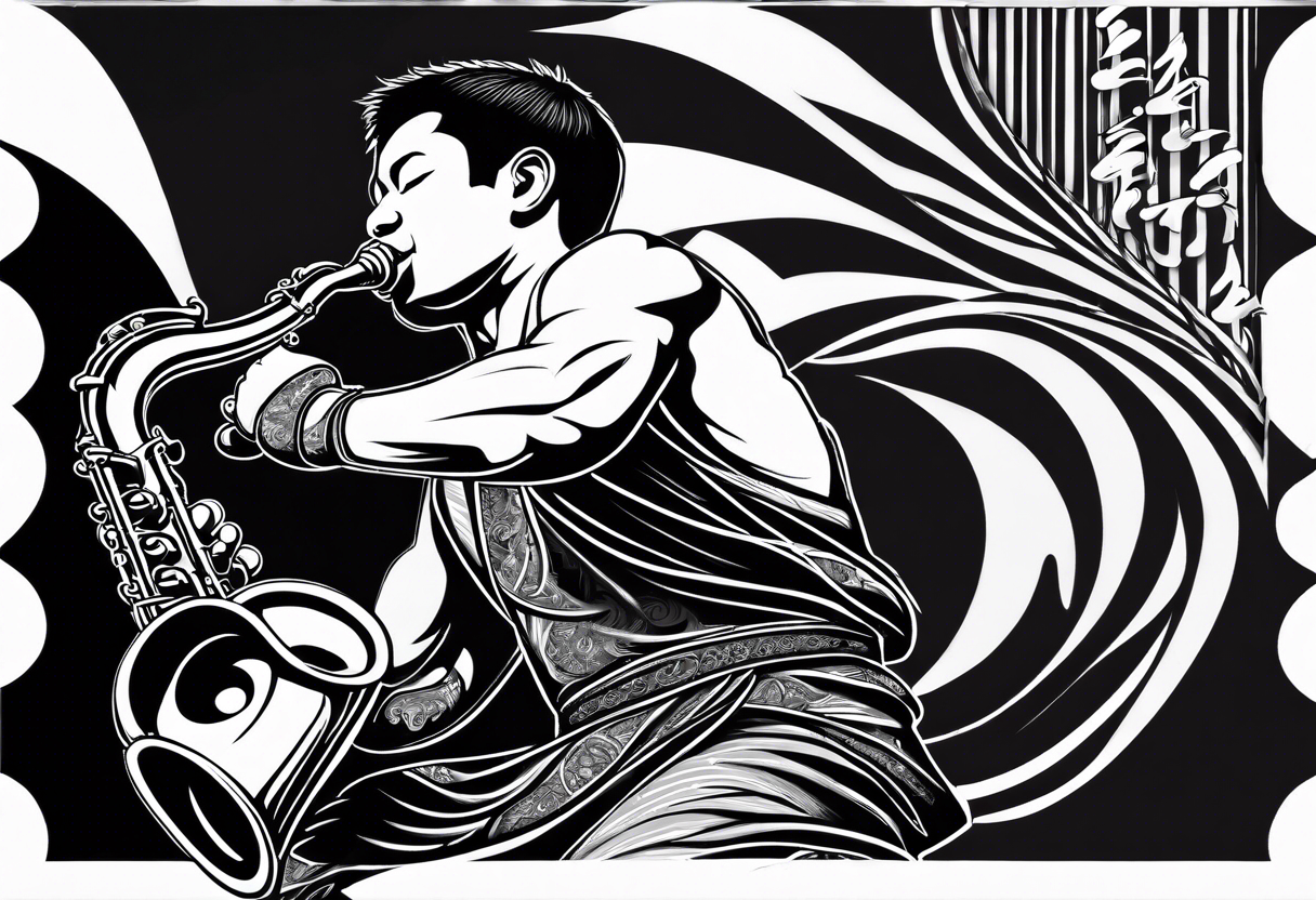 Muay Thai boxer with strong body is playing jazz on a Selmer tenor saxophone in a jazz club front of a jazz trio band. The notes are coming out from the saxophone and turning into buddhist symbols. tattoo idea