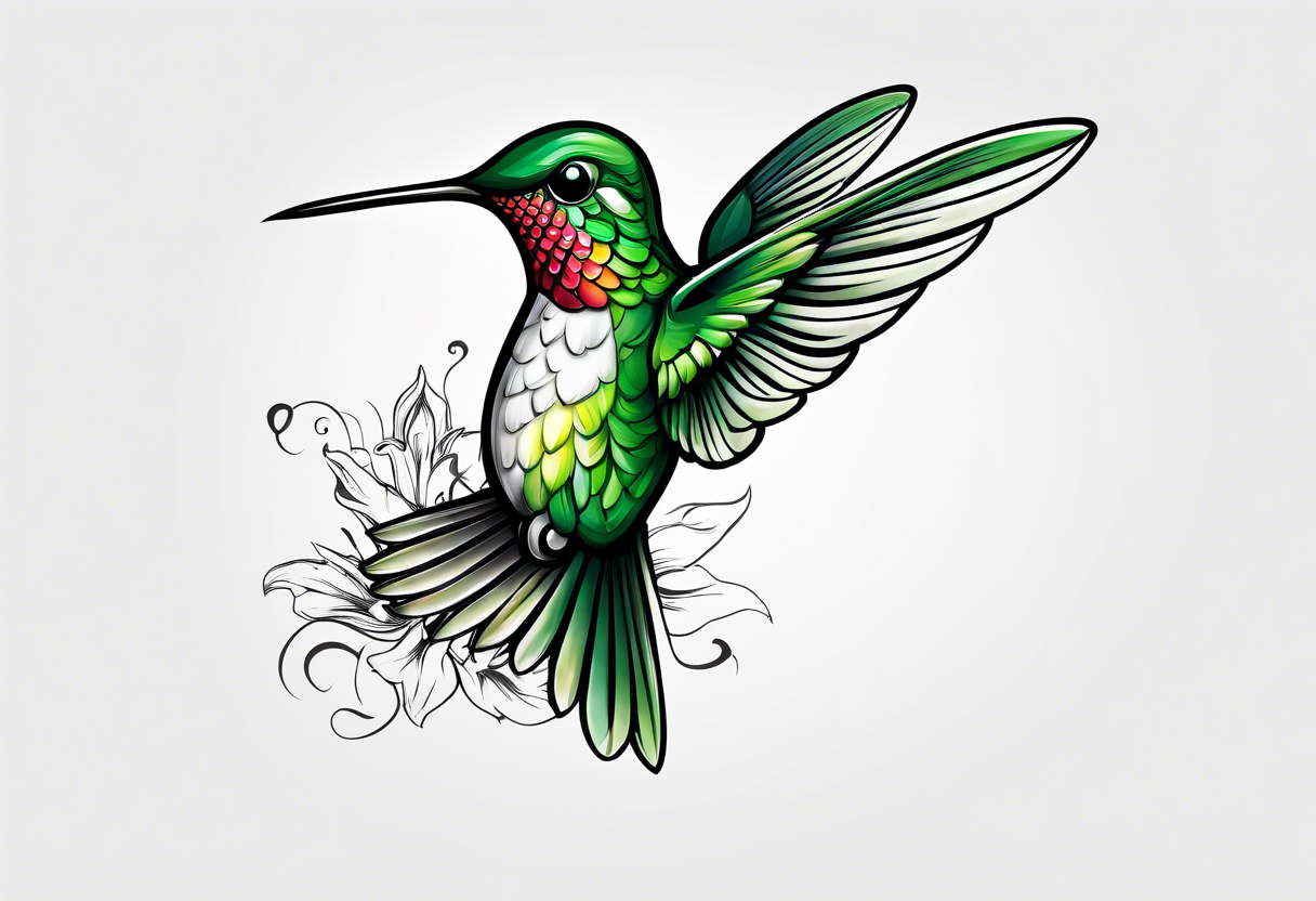 green hummingbird very small in flight ready to drink tattoo idea