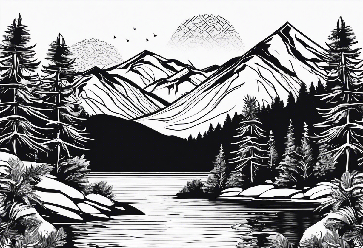 A snow capped mountain with pine trees and a river, the pine trees start to blend into palm trees, and the river becomes an ocean tattoo idea