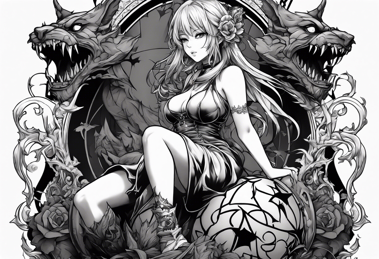 a bleeding anime girl sitting on a ball, and surrounded by gargoyles tattoo idea