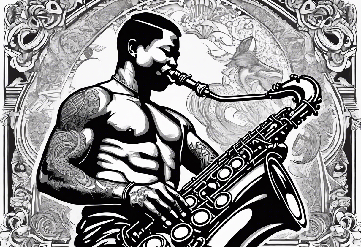 Muay Thai boxer with strong body is playing jazz on a Selmer tenor saxophone in a jazz club front of a jazz trio band. The notes are coming out from the saxophone and turning into buddhist symbols. tattoo idea