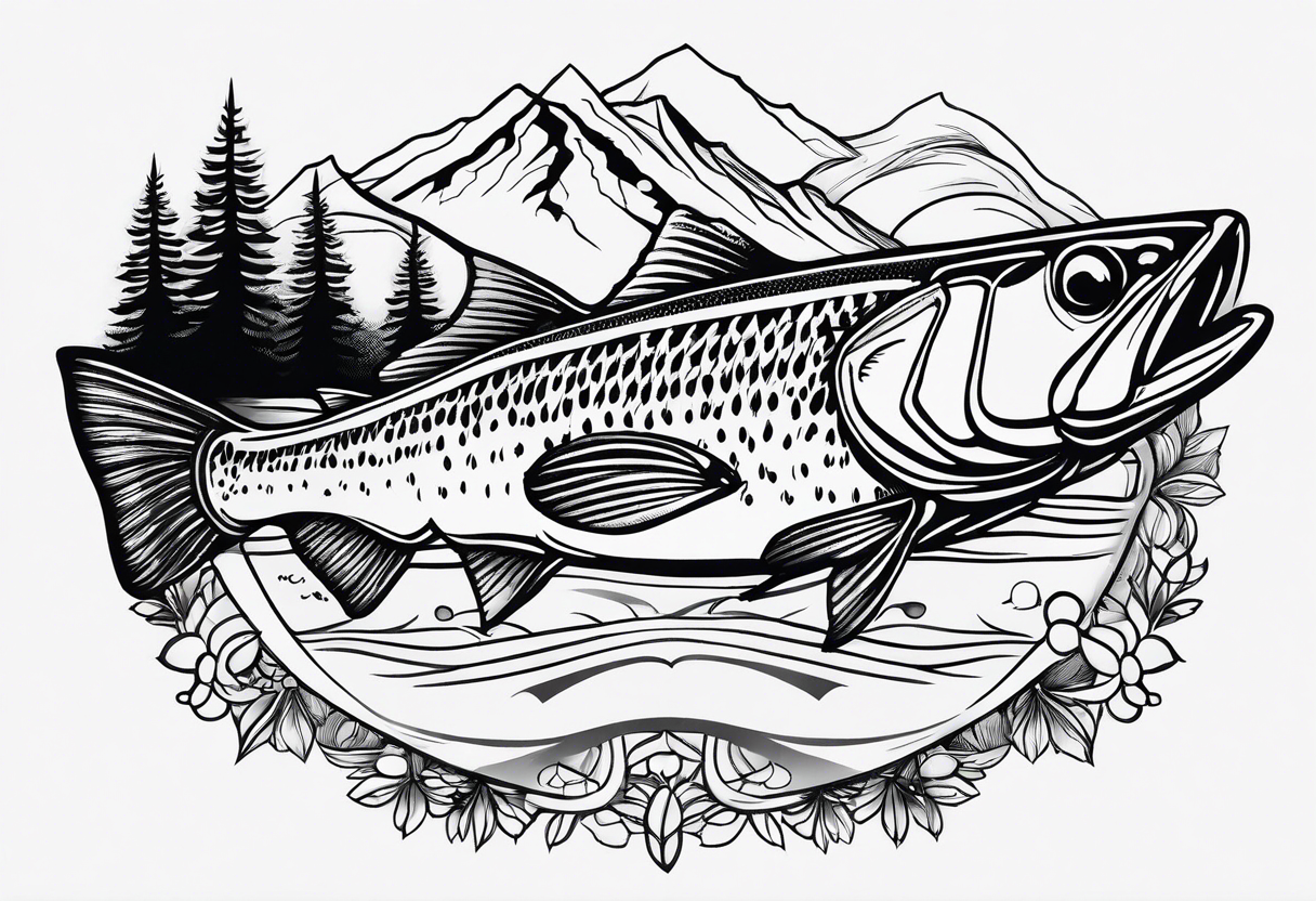 fly fishing lure with mountains and streams tattoo idea