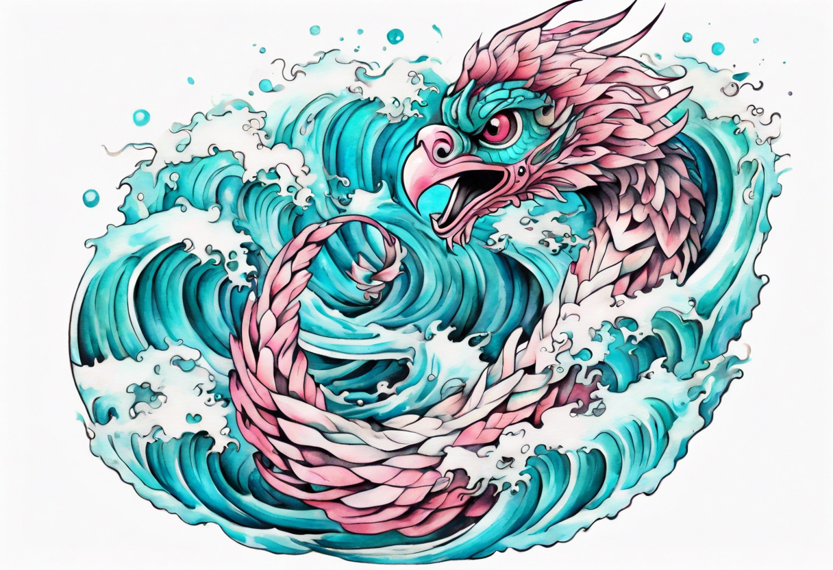 a turquoise and white and pink sea Quetzalcoatl with beautiful eyes emerging from the blue waves of the ocean tattoo idea