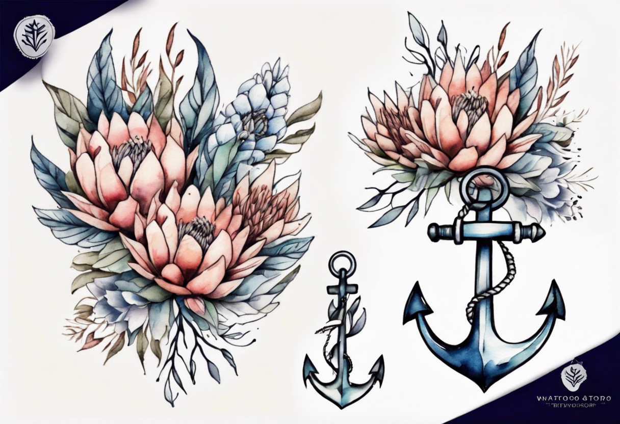 Very feminine tattoo of an anchor with protea flowers tattoo idea