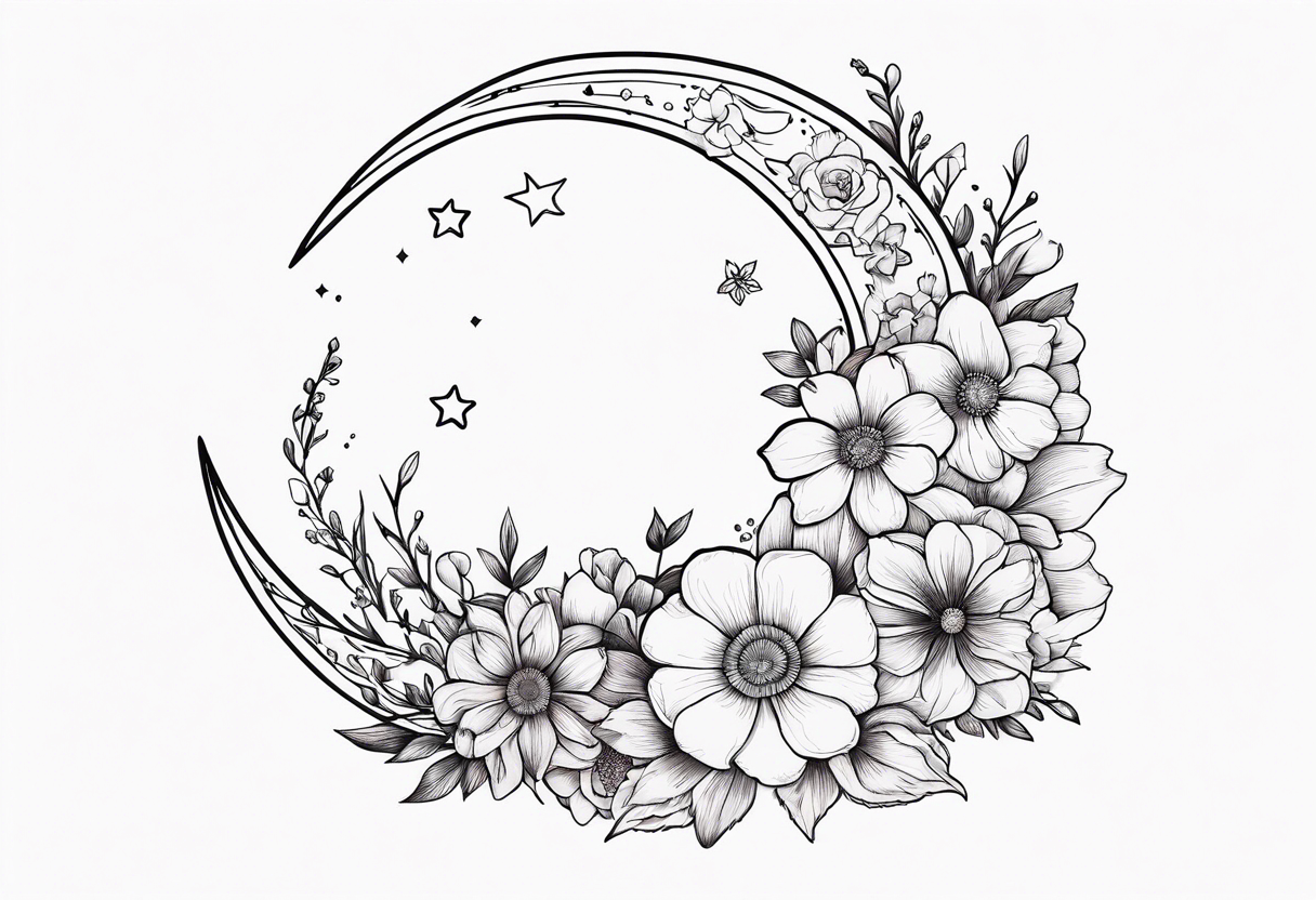 Crescent moon shrouded in pretty flowers tattoo idea