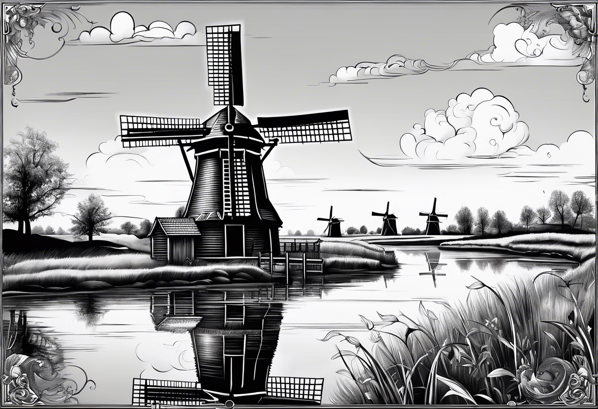 dutch windmill with Klomp written in text above tattoo idea