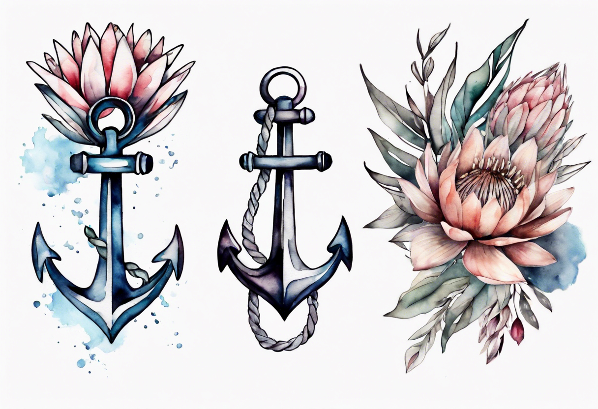 Very feminine tattoo of an anchor with protea flowers tattoo idea