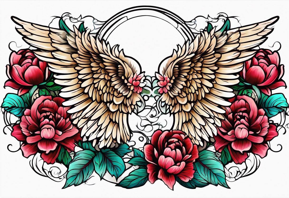 beautiful angel wings with colorful, peonies. beautiful flilligree in the background , full color, traditional old school , white background tattoo idea