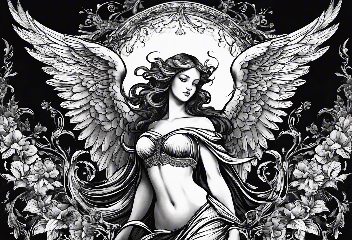 Depict a guardian angel and its malevolent shadow, emphasizing the internal conflict between the desire to do good and the temptation to give in to darker impulses. tattoo idea