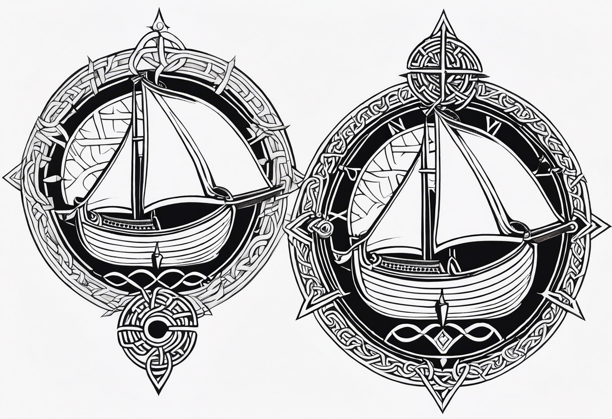 Viking longship, celtic rune compass, Yggdrasil, shoulder placement tattoo idea