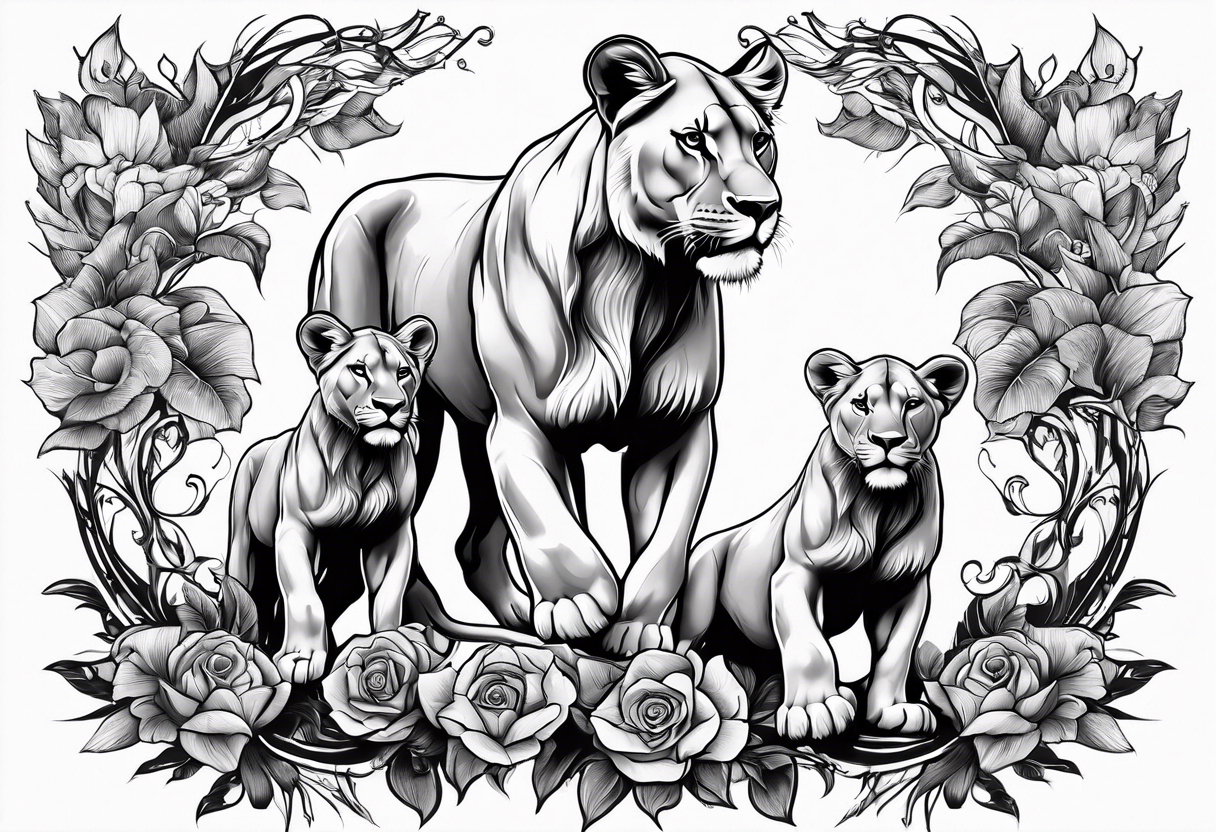 Fierce lioness on her hind legs in a fighting stance  Protecting her two cubs rib tattoo design tattoo idea