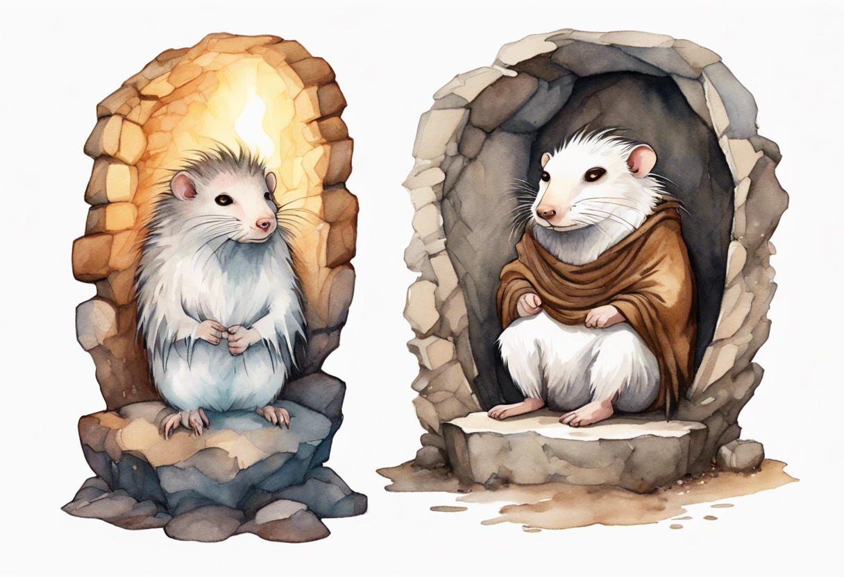 a solitary fat female mole with skin covered in short white fur with brown dreadlocks and big eyes sitting in stone throne in a cave tattoo idea