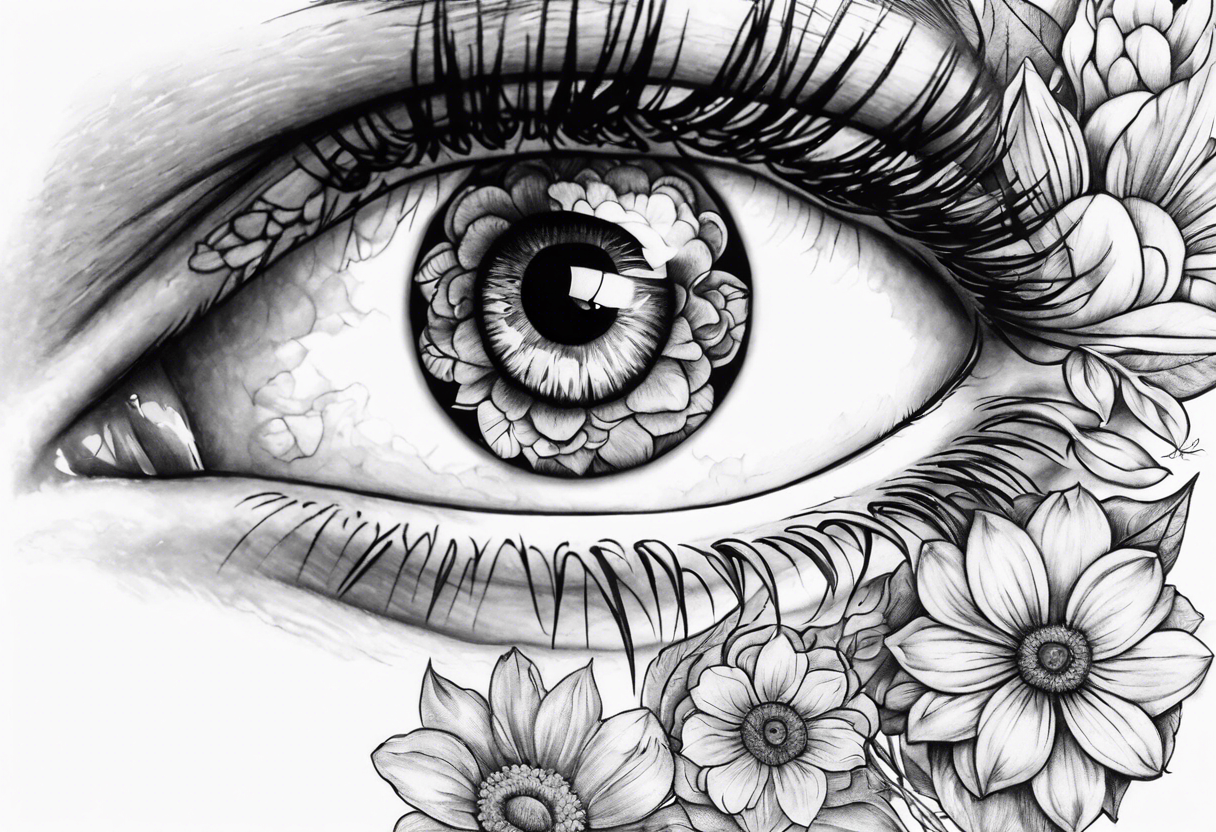Hearts and flowers with an eye with two girls inside the pupil tattoo idea
