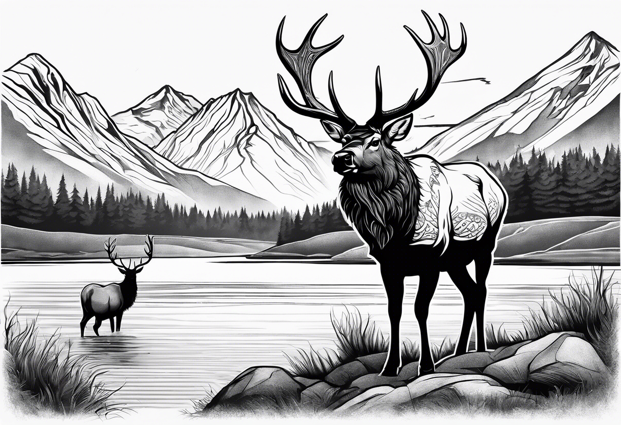 elk with mountains and lake tattoo idea