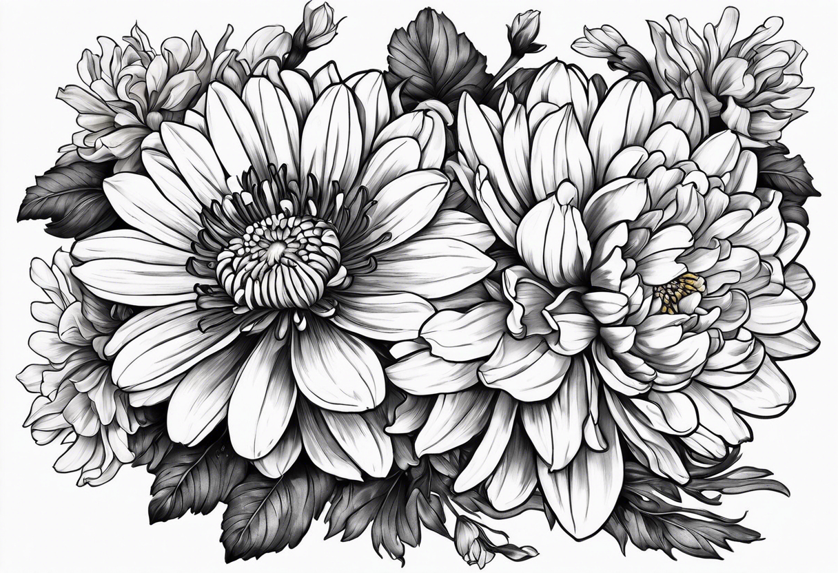 marigold, chrysanthemum, and 
narcissus side by side tattoo idea