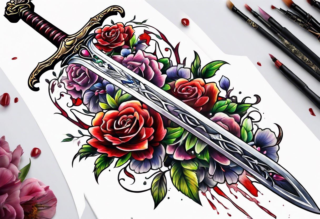 bloody sword with flowers tattoo idea