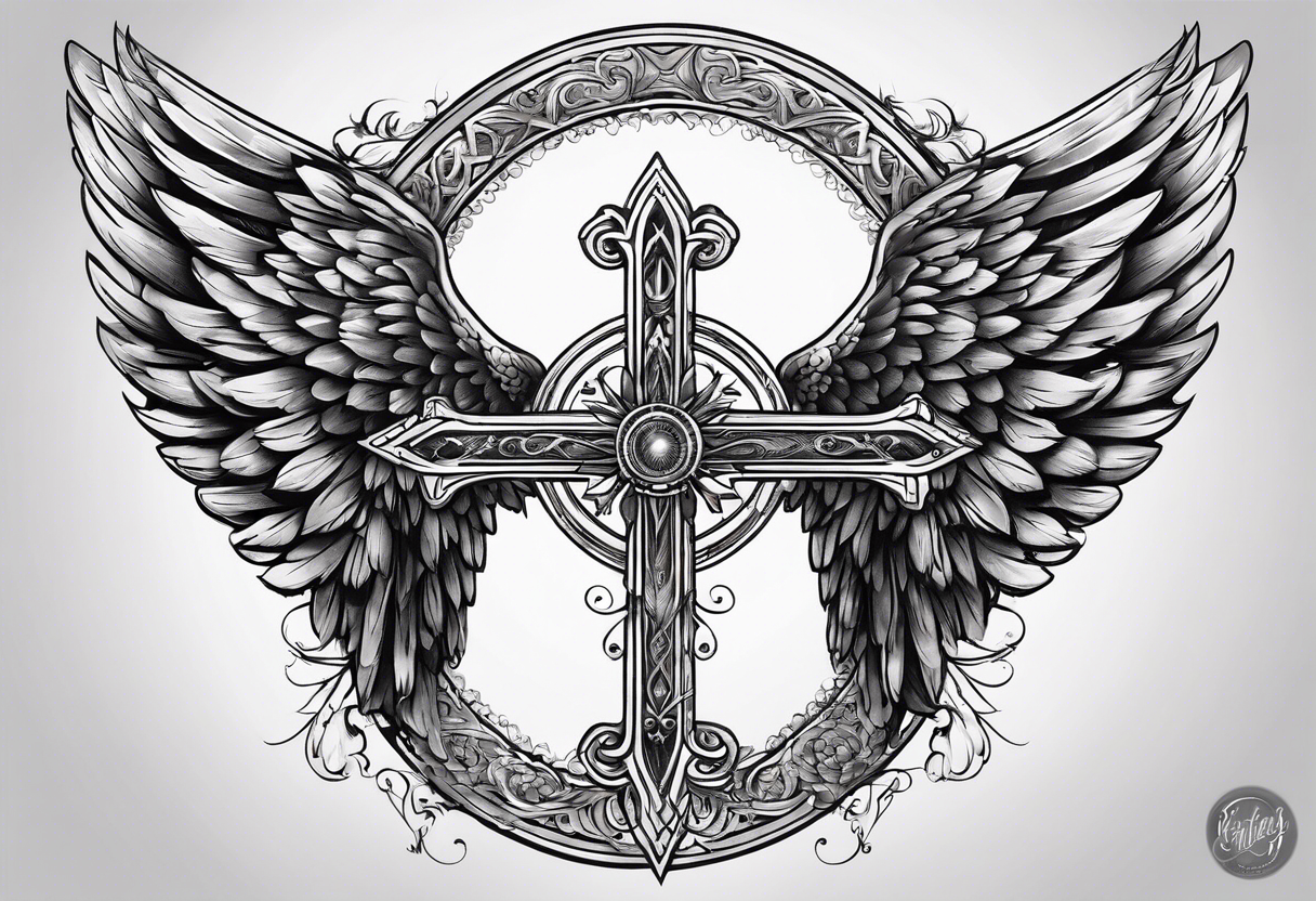 Cross with wings and a halo tattoo idea