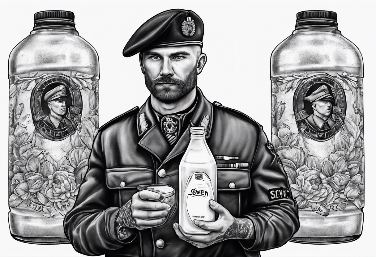 sven is a german doctor and soldier he holds a bottle of milk in one hand and a knife in the other tattoo idea