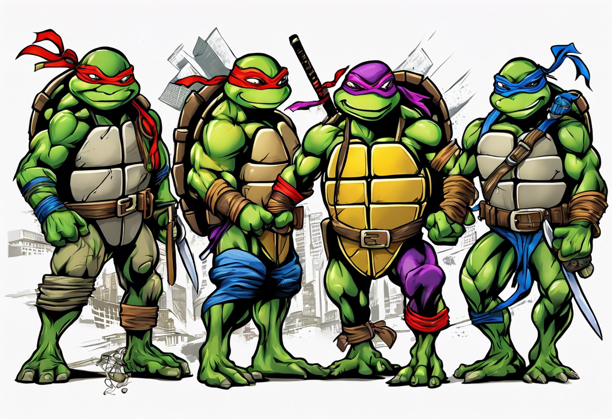 all four teenage mutant ninja turtles fighting enemies in a cityscape tattoo idea