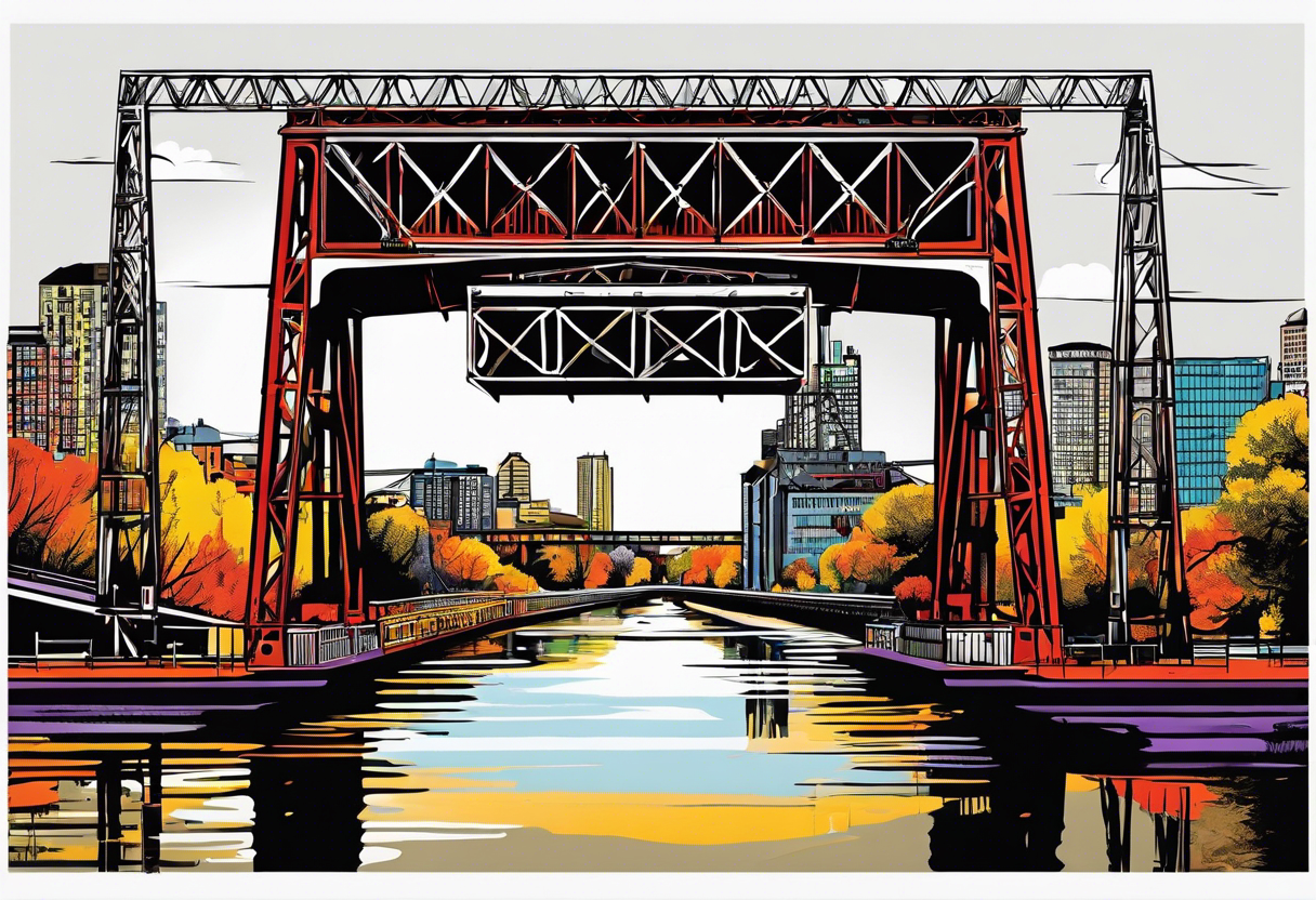 70's poster art, pop art, simple, view from under steel truss cantilever bridge tattoo idea