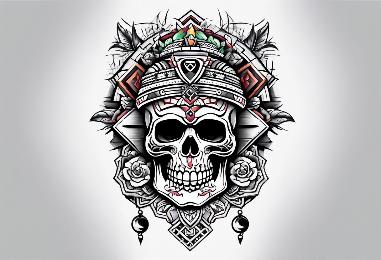 Old school knee tattoo with skulls and mayan symbols tattoo idea