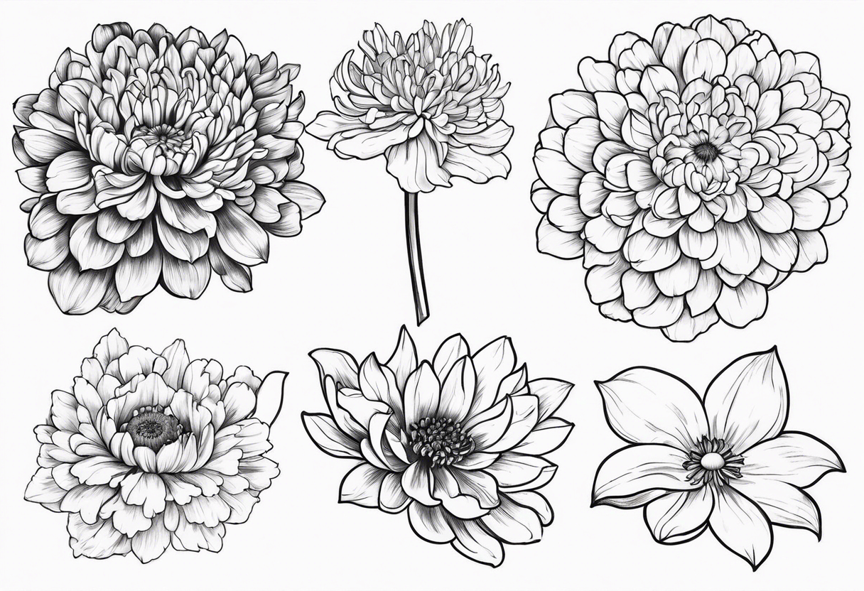 One stemless marigold, chrysanthemum, and 
narcissus side by side tattoo idea