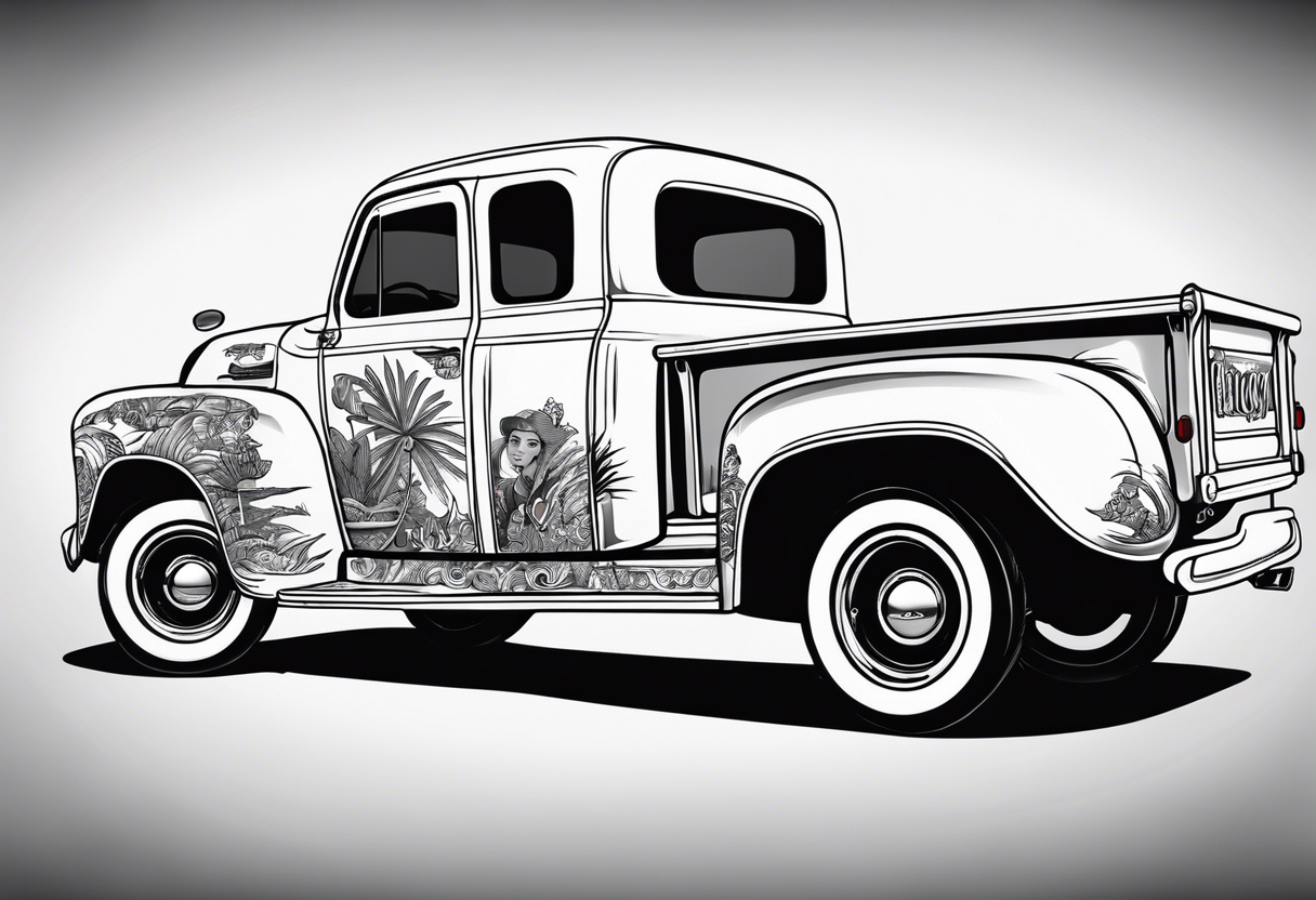 Beach theme, classic truck,  bikini girl tattoo idea